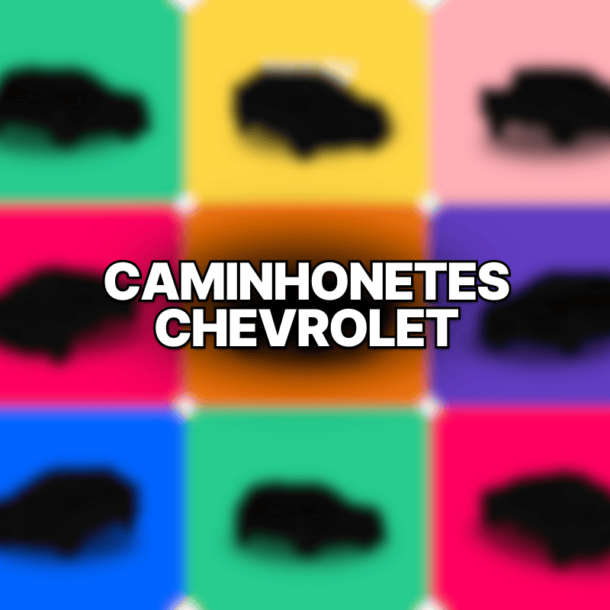 Montagem colorida com silhuetas de caminhonetes Chevrolet e texto central destacado.